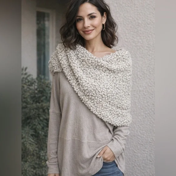 Gaby & Eden RN97427 Gray Ribbed Sweater Sz L Chunky Shawl Collar Y2K Boho Artsy