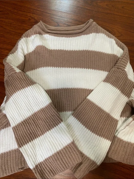 Women's Striped Crewneck Sweater in Cream and Tan