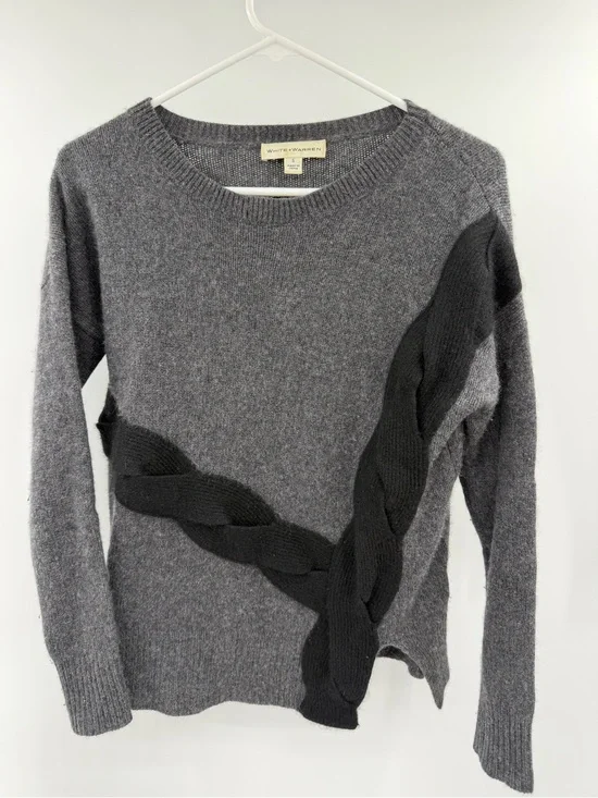 White + Warren 100% Cashmere Gray Black Braided Detail Sweater Size Small