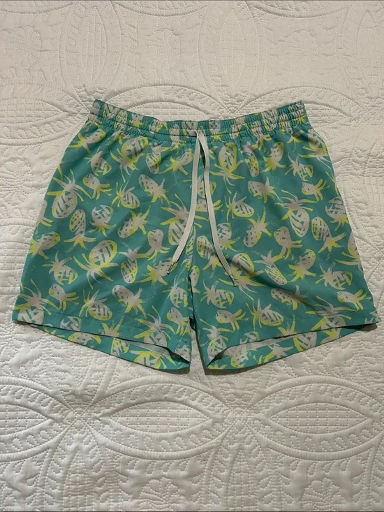 CHUBBIES Swim Trunks • bright teal w/ neon yellow & white Pineapple print SZ: L