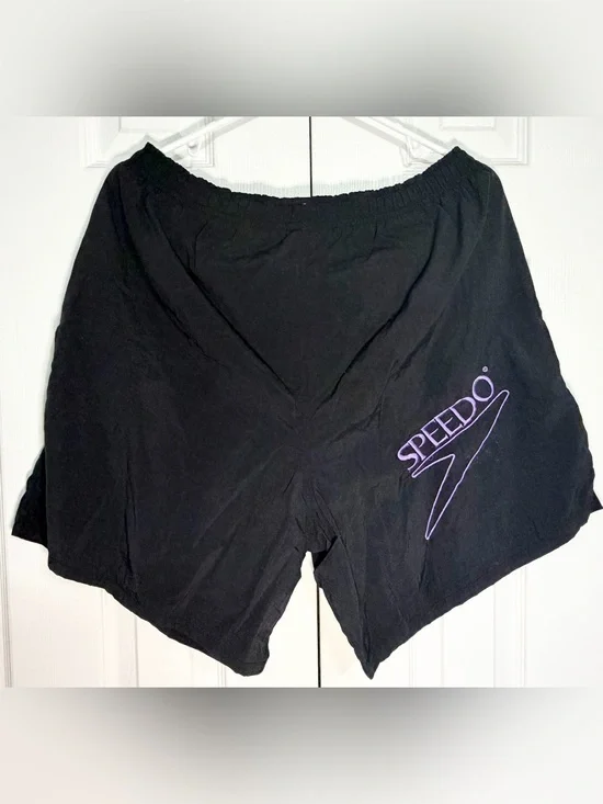 Vintage 90s Retro Speedo Black Swim Trunks with Purple Logo Accent