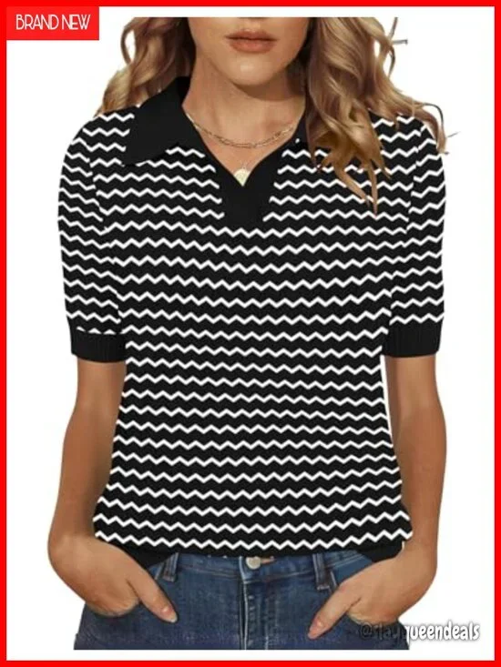 Women's Short Sleeve Knit Polo Sweater V-Neck Lightweight Pullover