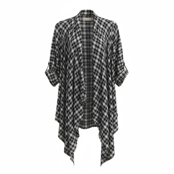 Knox Rose Women's Plaid Open Front‎ Drape Hem Cardigan Duster Black White Size S