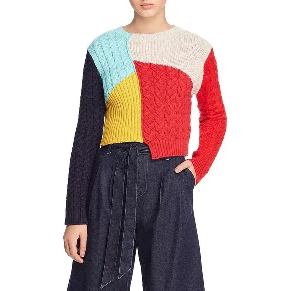 ALICE + OLIVIA Lebell Mixed Knit Cropped Sweater Colorblock Colorful Large‎