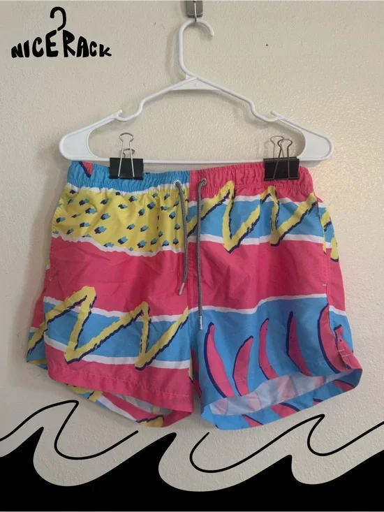 BOARDIES - Colorful Wave Print Men’s Swim Shorts - Pink/Blue/Yellow