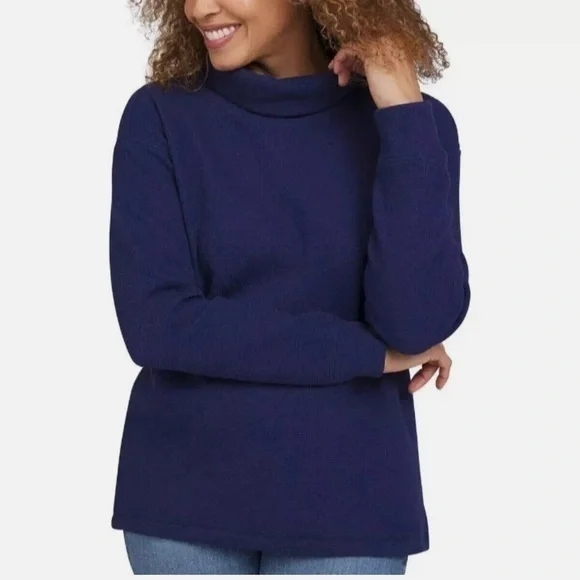 NWT Lands End Womens Blue Waffle Knit Funnel Neck Top Long Sleeve