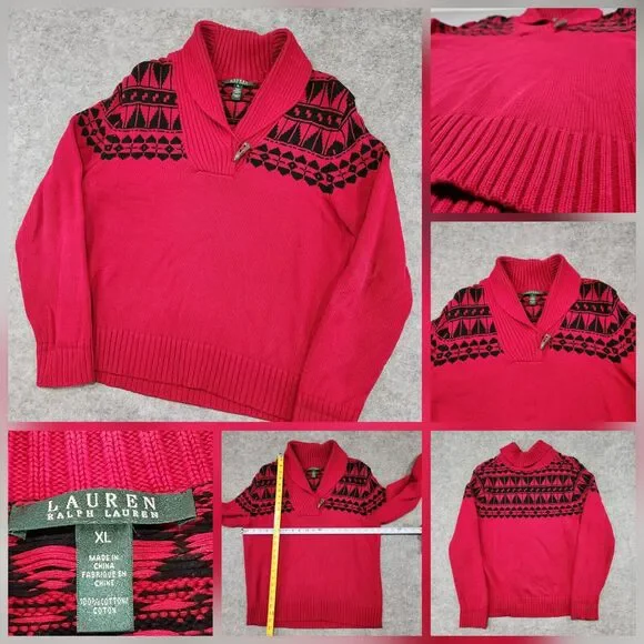 Ralph Lauren LRL Women XL Cotton Knit Shawl Collar Aztec Nordic Pullover Sweater