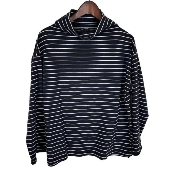 Garnet Hill Navy Blue White Stripe Green Cotton Turtleneck Sweater Women's Large
