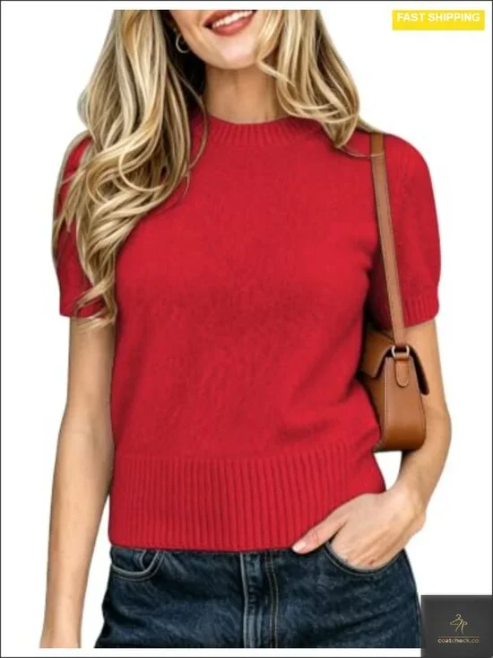Fuzzy Short Sleeve Sweater Furry Crew Neck Pullover Top