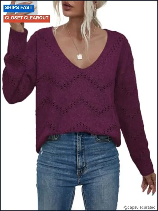 Women's Crochet Long Sleeve Pullover Sweater V-Neck Hollow Out Fall Top