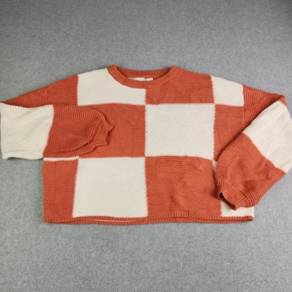 Moon & Madison Cropped Sweater Womens Large Orange Cream Checkerboard Knit Retro