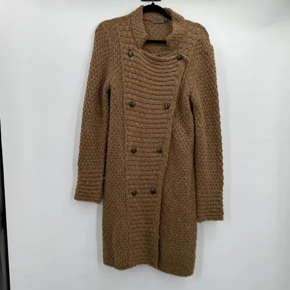 Cortefiel Sweater Coat Womens Large Brown Knit Double Breasted Button Wool Blend