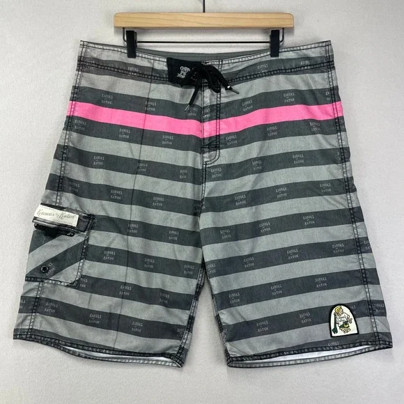 VTG Kanvas by Katin Boardshorts Mens 38 Grey Striped‎ Baggy Loose Long 23