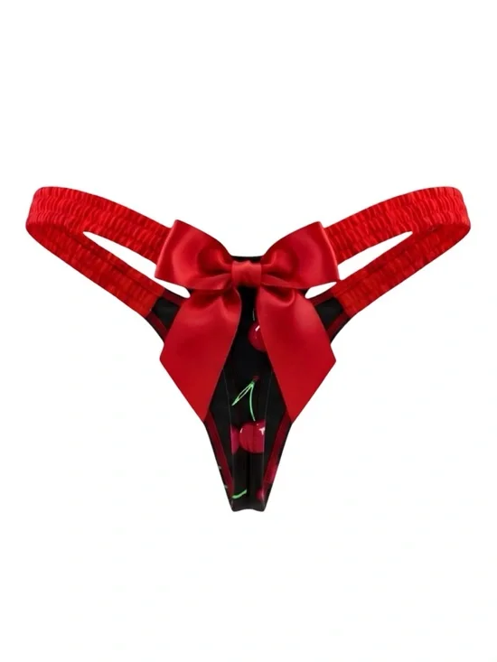 Black Cherry Print Satin Bow Micro Thong - One Size - Dancewear