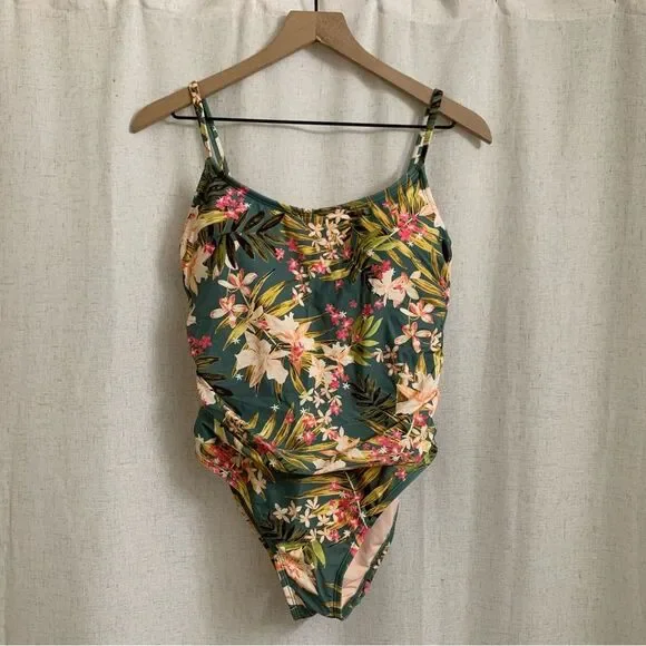 Kona Sol Multi Colored Floral Gathered Waist Medium Seat Coverage One Piece Suit