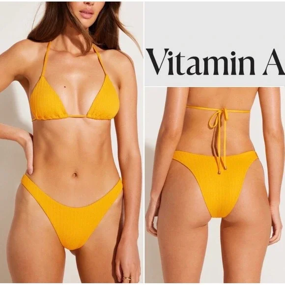 Vitamin A Orange Ribbed Bikini Bottom Nylon Swimwear‎ Medium NEW