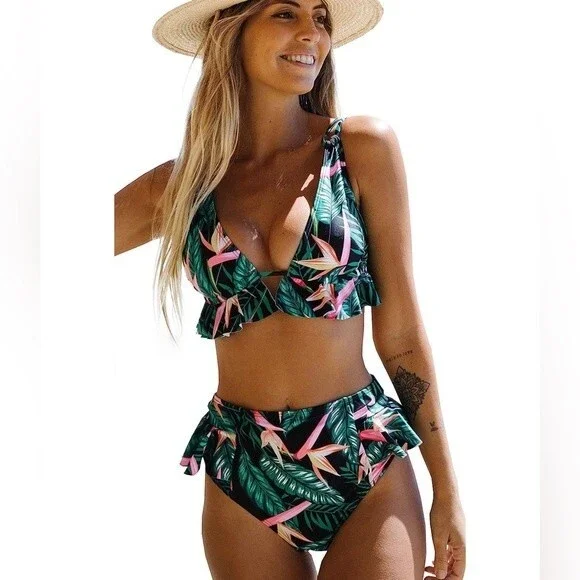 Women High Waisted Swimsuit Ruffle V Neck Bikini Two Pieces Swimwear size XL NWT