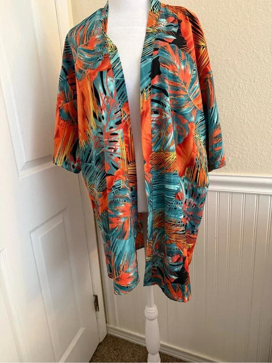 SHEIN Teal and Orange Tropical Print Swim Coverup