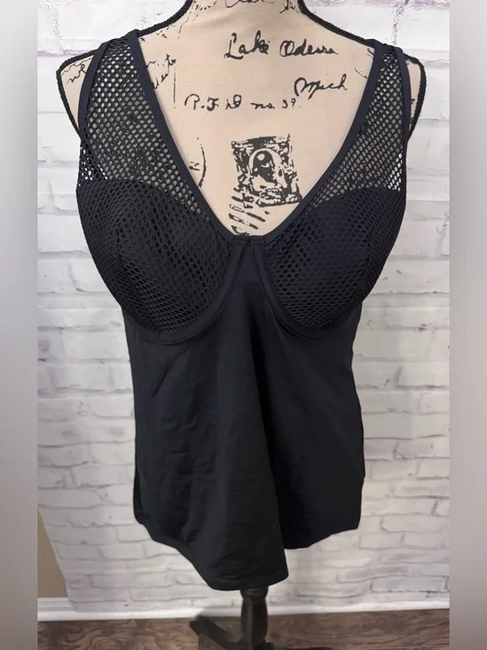 City Chic Med Black Mesh Underwire Racerback Swimsuit Top Tankini Slimming