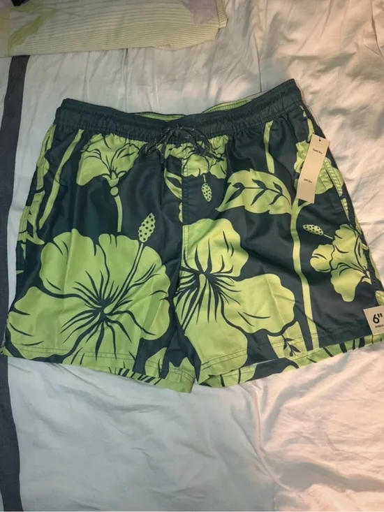 No Boundaries Light Green Swim Shorts with Navy Stitching