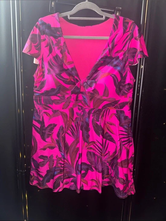 torrid Hot Pink & Dark Purple Tropical One-Piece Swimdress