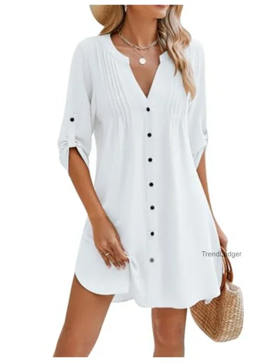 V-Neck Button Down Swimsuit Cover Up 3/4 Sleeve Side Split