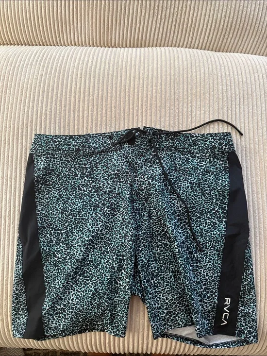 RVCA Men's Teal and Black Leopard Swim Hybrids