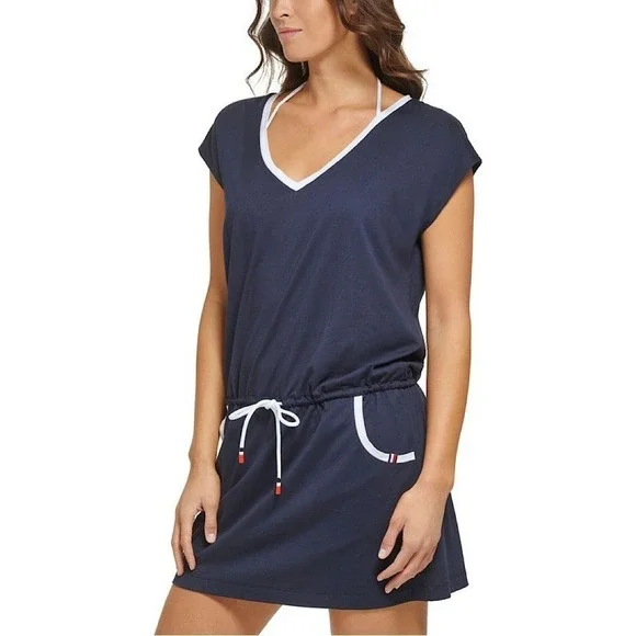 Tommy Hilfiger Drawsteing Coverup Dress Sky Captain‎ Blue Small/Medium