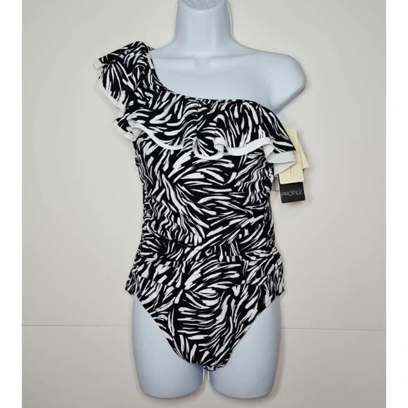 Profile by Gottex Womens Black White One Shoulder One Piece Swimsuit Size 12 NWT