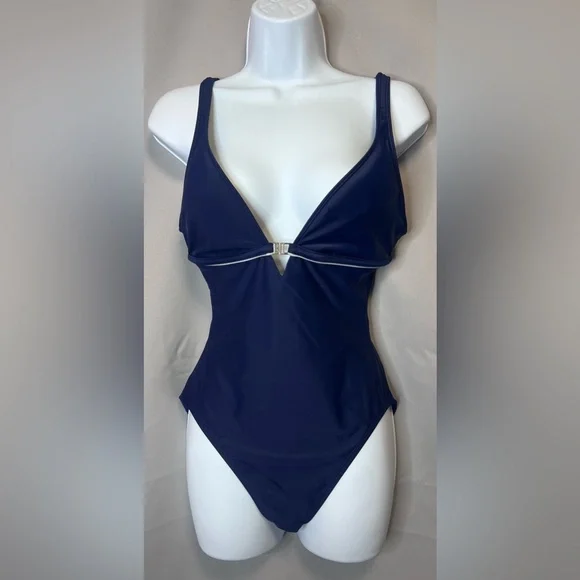 Lauren Ralph Lauren Womens Blue V Neck‎ One Piece Swimsuit Sz 10