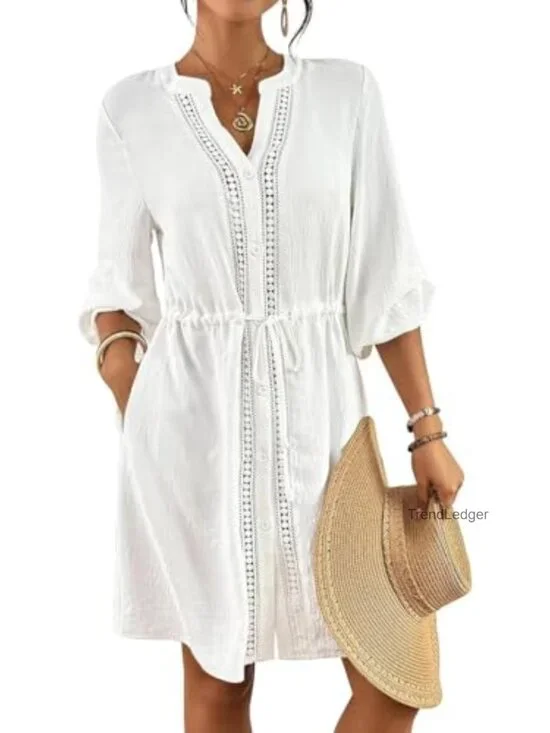 V Neck Eyelet Trim 3/4 Lantern Sleeve Button Down Swim Cover Up Dress