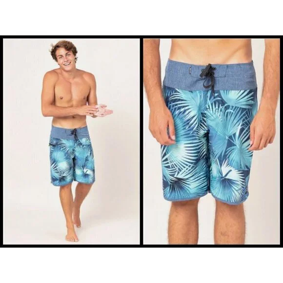 RIP CURL Sunrise NL Boardshorts ~ Navy Teal Palm Leaf Print 30 NWT