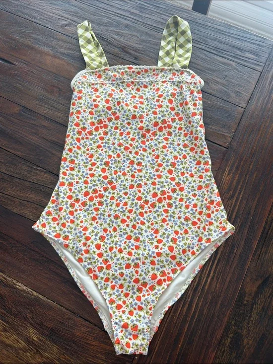 aerie White Strawberry Floral One-Piece Swimsuit with Green Check Straps