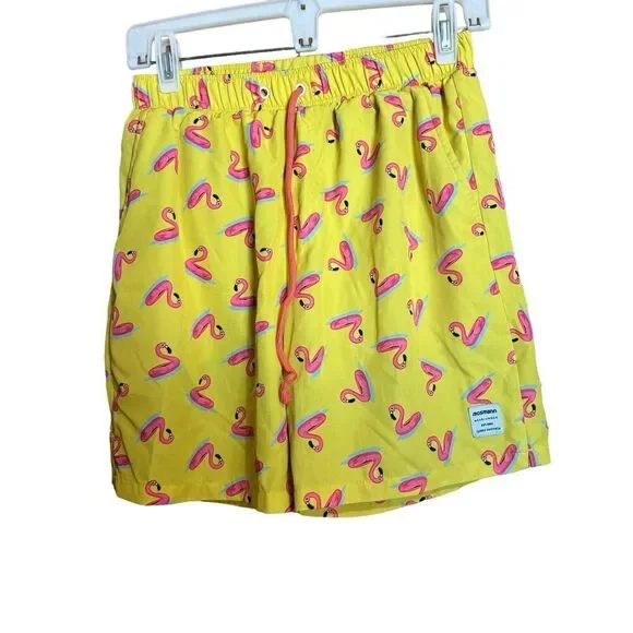 Mosmann Australia Lined Swim Trunks Shorts Small Yellow Pink Flamingo Print