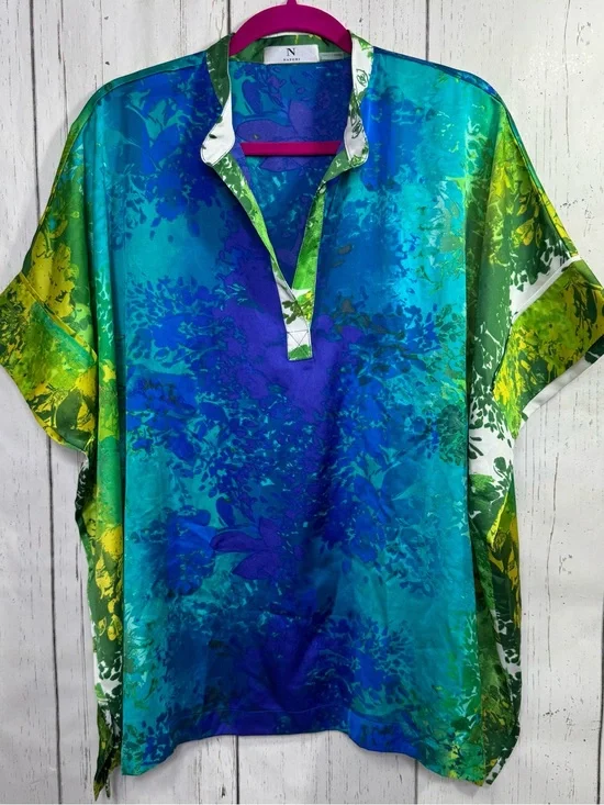 Natori Blue Green Abstract Swim Cover Up Size L Resort Beach Pool Dolman Sleeve