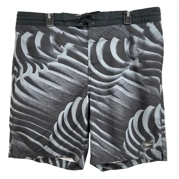 Speedo Swim‎ Trunks Mens XXL Gray Black Abstract Wave Print Board Pockets Lined