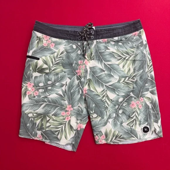Rip‎ Curl Mens Tropical Floral Board Shorts Green Pink Size 36 Surf Skate Trunks