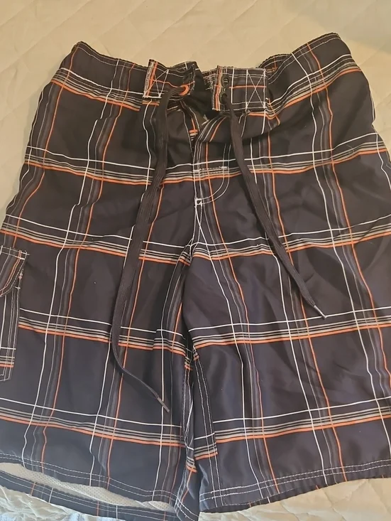 OP Men Swim Trunks Navy with Orange and White Plaid