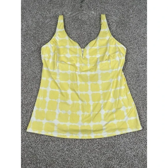 Lands' End Womens Plunge V-Neck Tankini Top Yellow White Tie Dye Grid Size 14