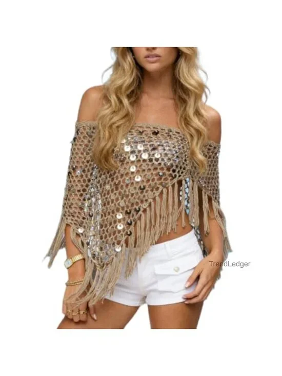 Womens Knit Sequin Poncho Top Crochet Asymmetrical Beach Cover Up