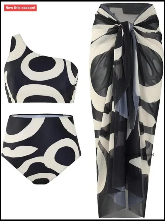 Plus Size 3 Piece One Shoulder Bikini Set with Cover Up