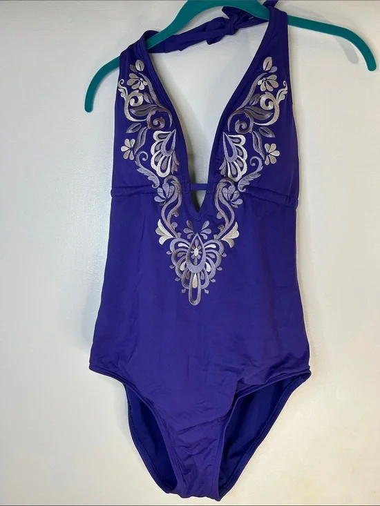Beautiful Embroidery Accented Purple 1 Piece Swimsuit- Laundry By Shelli Segal