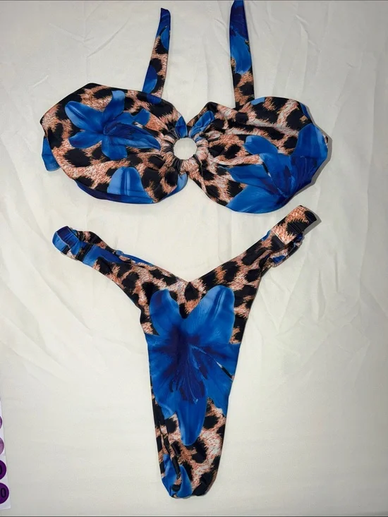 SHEIN Blue Floral Leopard Print Swim Bikini Set