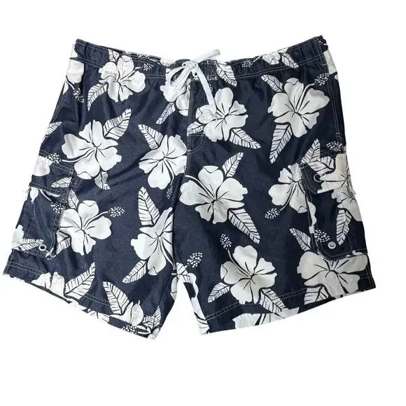 Swim Trunks OP Mens 2XL Hawaiian Print Navy White Holiday Vacation 44-46