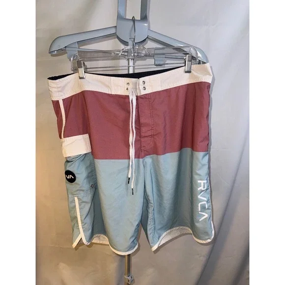 RVCA Industry Mens Board Shorts Size 36 Colorblock Pink Blue Swim Trunks Pocket