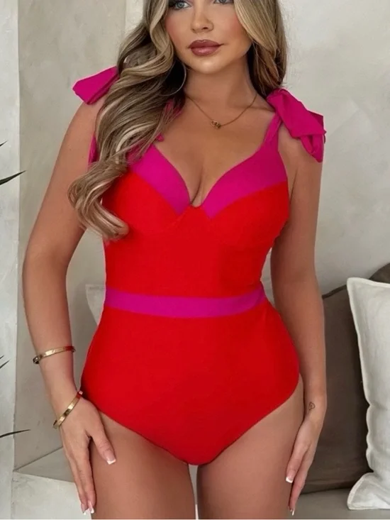 NEW Red & Fuchsia One-Piece Swimsuit with Bow Straps