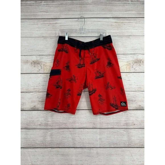 Vintage Y2K Quiksilver Board Shorts Mens 31 Red Pirate Ship Skeleton Nautical