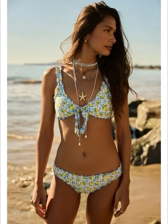Altar'd State Floral Yellow & Blue Ruffle Bikini