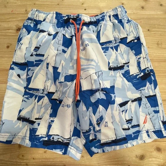 Nautica Men's Sailboat Print Swim‎ Trunks Drawstring Shorts Size S