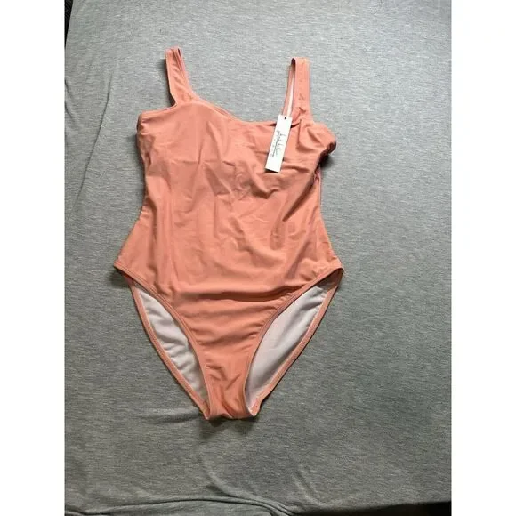 Nicole Miller Studio Scoop Back One Piece Swimsuit Womens Size M Peach Amber NEW
